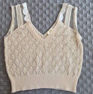 Anthropologie Maeve Scalloped Knit Vest, OS, Ivory
